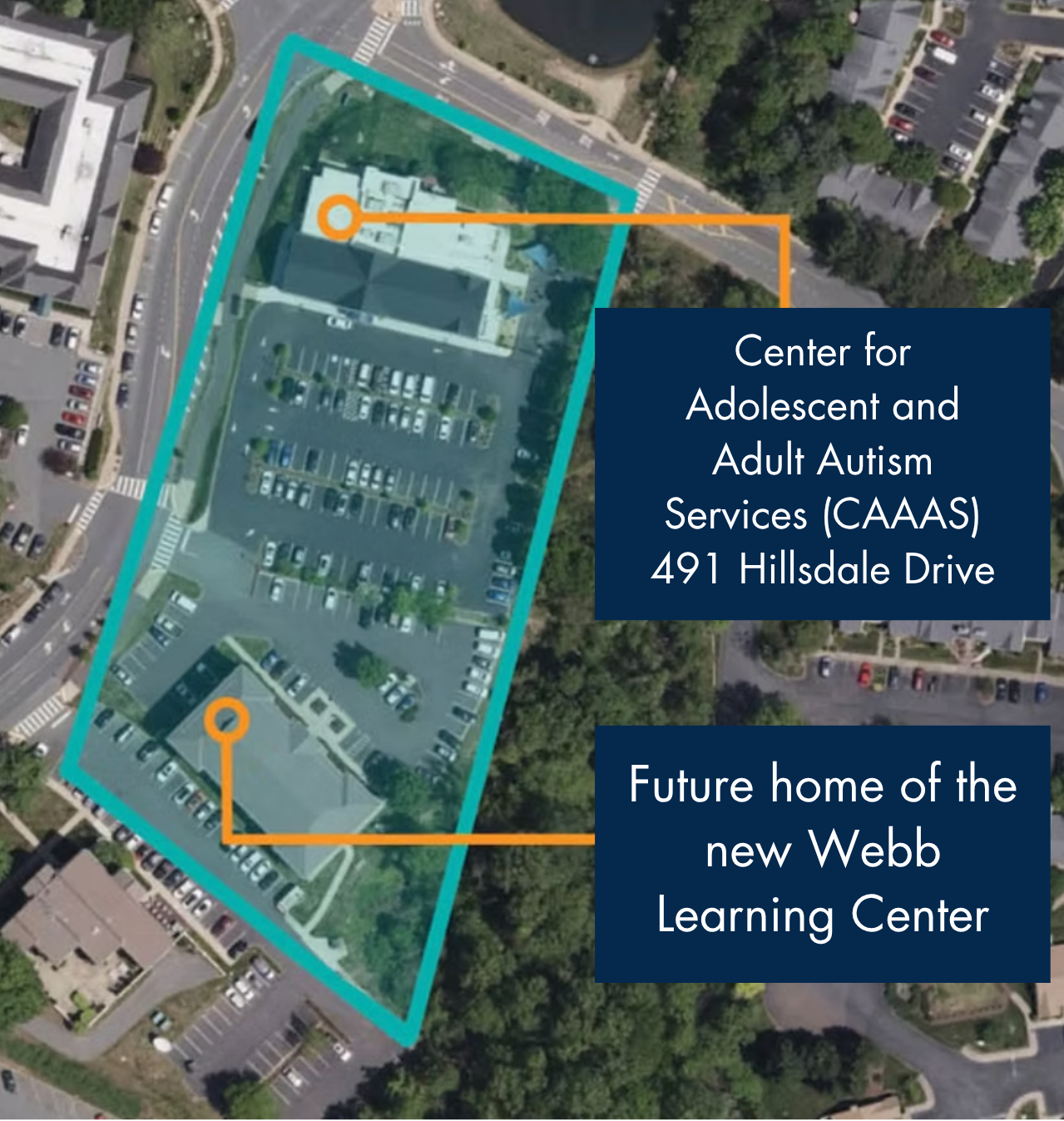 map showing centralized campus of VIA's CAAAS building and new Webb Learning Center at 491 Hillsdale Dr in charlottesville